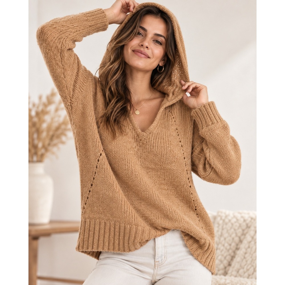American Eagle XL Sweater Hoodie Camel Tan Jegging Fit V-Neck Knit Pullover